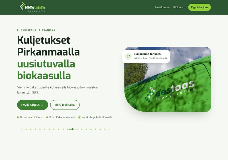 Kuvakaappaus Eestaas Ekokuljetuksen verkkosivujen etusivusta